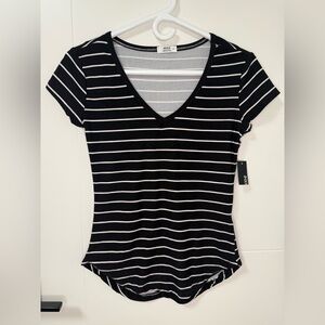 Black and White Striped V-Neck Top
